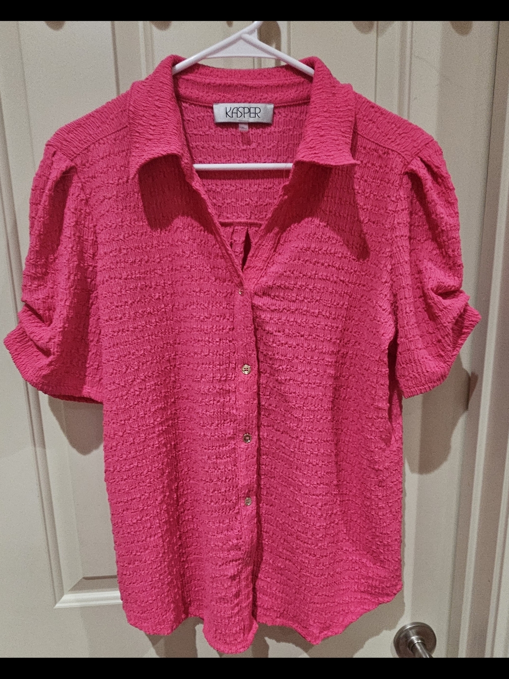 Kasper Bright Pink Textured Short-Sleeve Button-Down Shirt Women Size Large